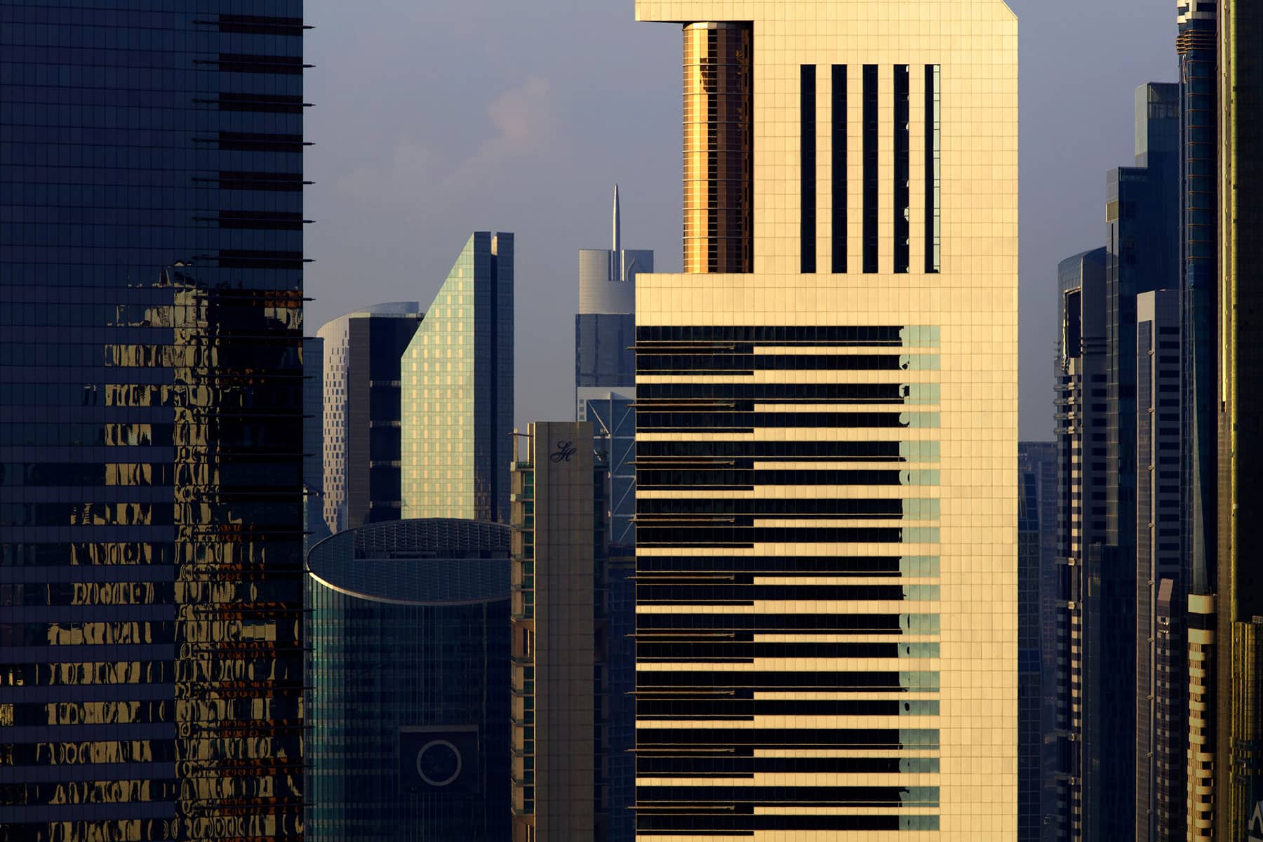 Architecture Photography Dubai: Close-up detail of Jumeirah Emirates Towers, DIFC, Dubai, UAE.