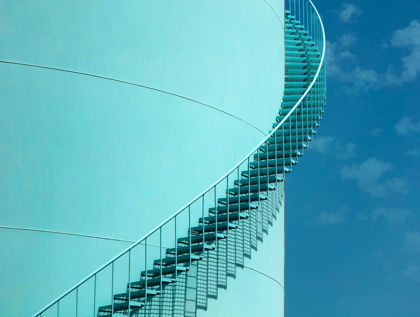 Architecture Photography Bahrain: Detail of oil storage tank and perimeter staircase at Bapco, Bahrain.