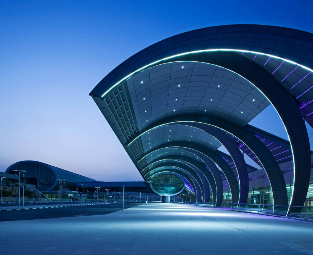 A perfect example of a one-point architectural image, T3, Dubai International Airport captured at dusk by Gerry O’Leary